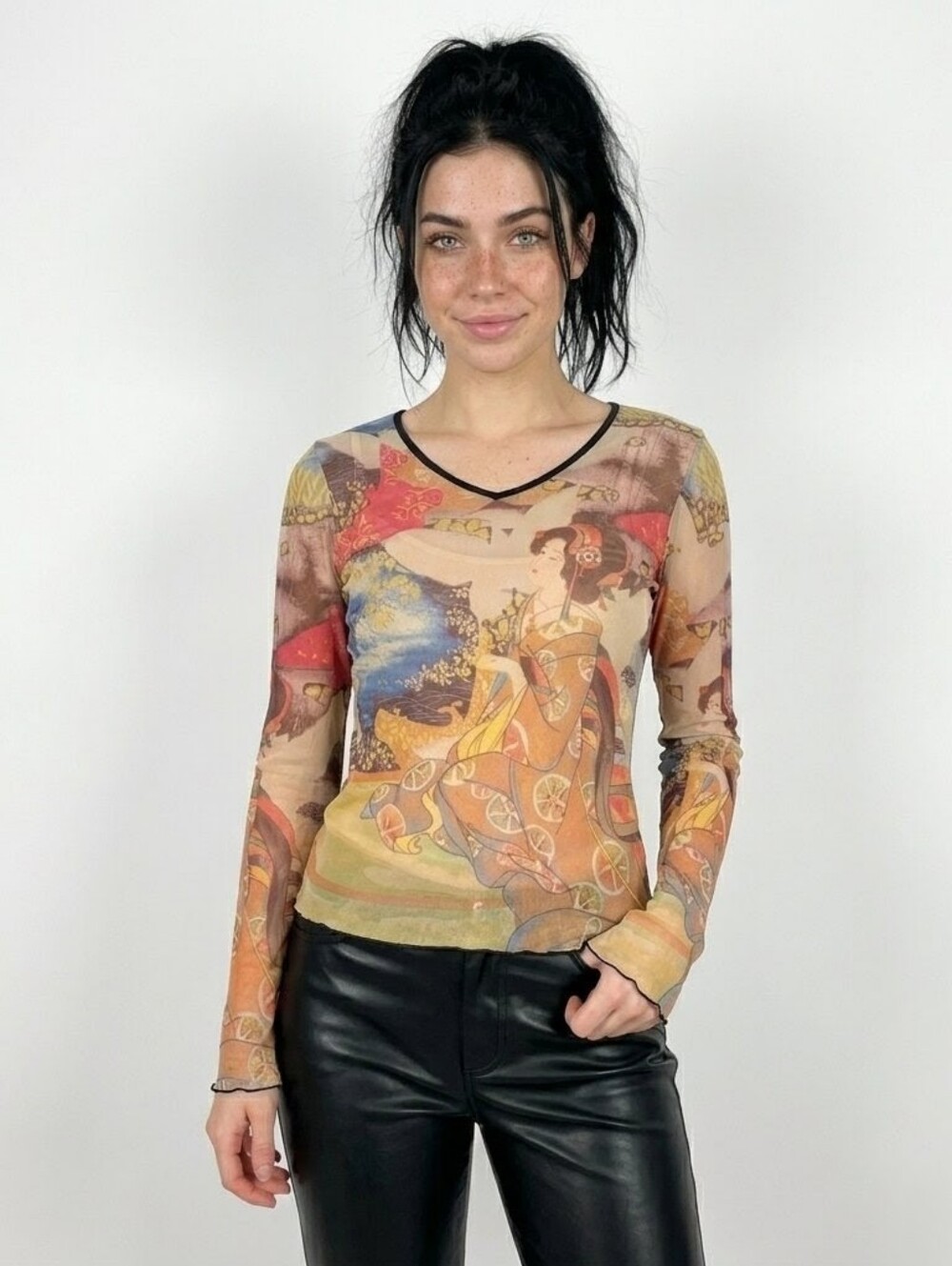 Clio Vintage Y2K Mesh Geisha Graphic Made in USA Sheer Tattoo Print Top - Medium